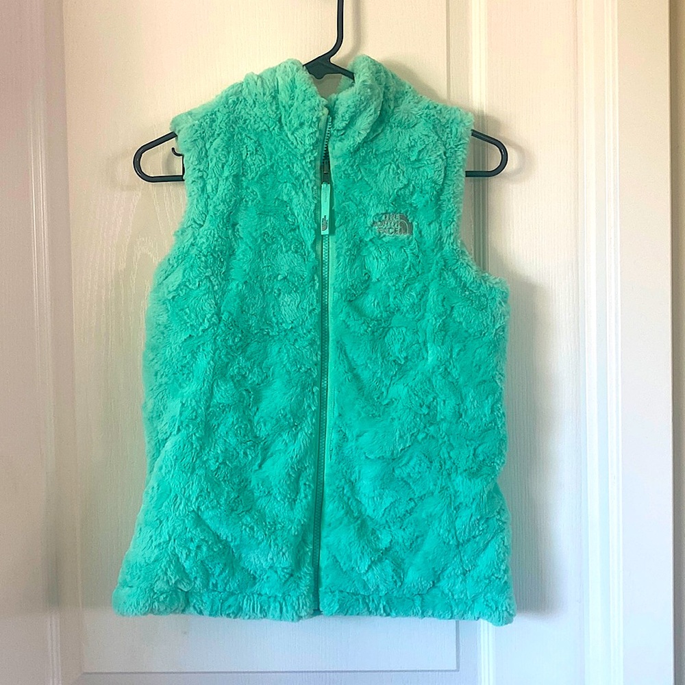 North Face Reversible women’s vest, small, teal soft side and grey down